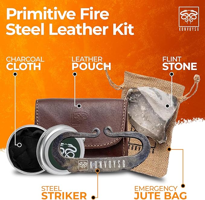 Carbon Steel Fire Striker, English Flint Stone & Char cloth Traditional Hand Forged Fire Starter, Leather Gift Kit with Emergency Tinder Jute Bag