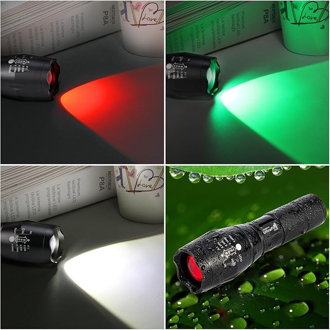 ULTRAFIRE 2 Pack A100 LED Hunting Flashlight,800 Lumen 3-Color-Light Tactical Flashlight 5 Modes Zoomable Small LED Hand held Flashlights (White Light/RED Light/Green Light)