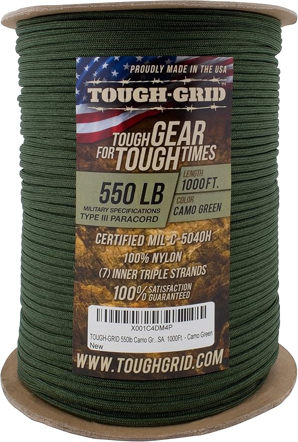 TOUGH-GRID Premium Camo Green Paracord 550 lbs Made in USA Outdoor Survival Nylon Rope Tactical Heavy Duty Strands Parachute Cord Used by US Military Type III Mil-Spec