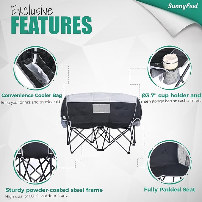 SunnyFeel Folding Double Camping Chair, Oversized Loveseat Chair, Heavy Duty Portable/Foldable Lawn Chair with Storage/Cooler for Outside/Outdoor/Travel/Picnic, Fold Up Camp Chairs for Adults 2 People