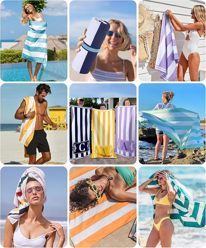 Oversized Microfiber Monogrammed Beach Towels Pool Swim Towel Personalized Custom Customized Monogram Sandrpoof Fast Drying Extra Large Thin Chair Umbrella Tent Shelter Canopy Custom Accessories