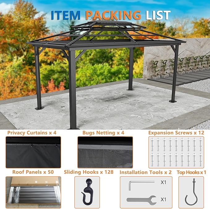 HOTEEL 10x15 Hardtop Gazebo on Clearance with Heavy Duty Galvanized Steel Double Metal roof,Aluminum Frame,Patio Gazebo with Curtains and Netting,Outdoor Permanent Gazebo Pavillon for Backyard,Black