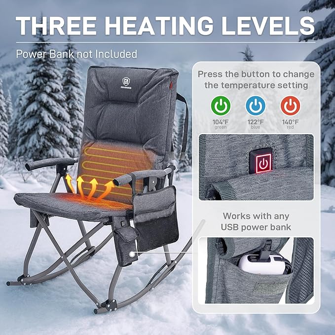 EVER ADVANCED Heated Oversized Folding Rocking Camping Chair, Heating Padded Portable Rocker Chair for Patio, Lawn and Outdoors, Heavy Duty Hard Armchair for Adults Supports 400lbs, Grey