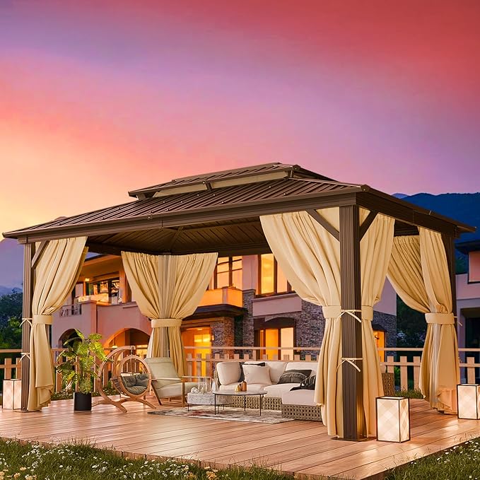 HOTEEL 10x12 Hardtop Gazebo with Heavy Duty Galvanized Steel Double Roof, Aluminum Frame, Flame-Resistant Curtains and Netting, Outdoor Permanent Pavillon for Backyard, Brown (2025 Upgraded)