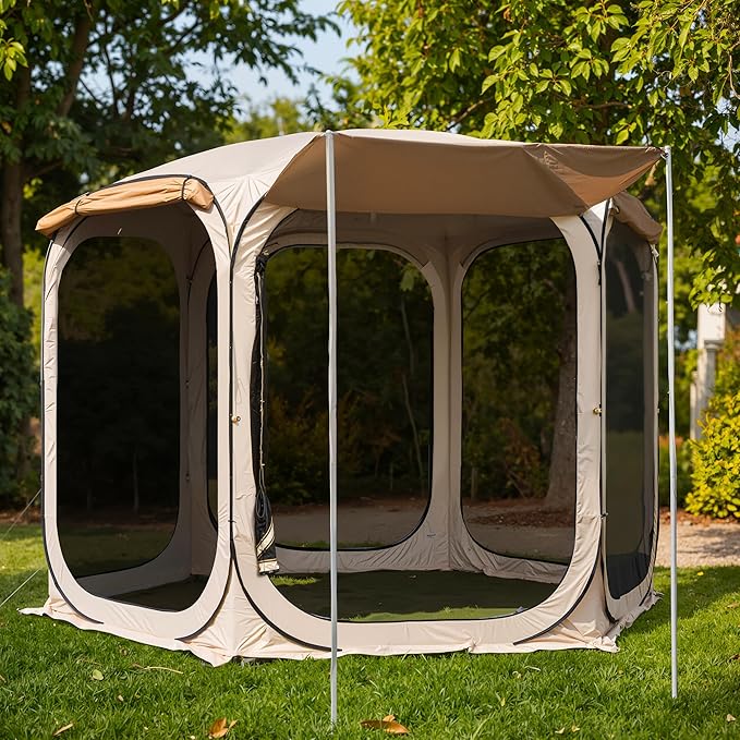 EAST OAK 10ร10 FT Pop Up Canopy Tent with Mesh Walls | Outdoor Screen House with 6 Sunshades | Waterproof Gazebo with Carry Bag | Portable Shelter for Camping, Patio, and Beach | Beige