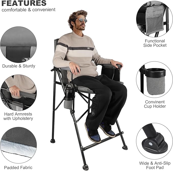 LANMONTAIN Extra Tall Directors Chair,Foldable w/Cup Holder,Side Mesh Pocket,Comfy Bar Height Camping Chairs for Adults,Heavy Duty Supports 350 Lbs,Hard Arm,Black&Grey