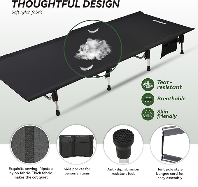 MARCHWAY Lightweight Folding Tent Camping Cot Bed with Lever Lock, Easy Setup Portable Compact for Outdoor Travel, Hunting, Hiking, Motorcycling, Support 330Lbs (Black)
