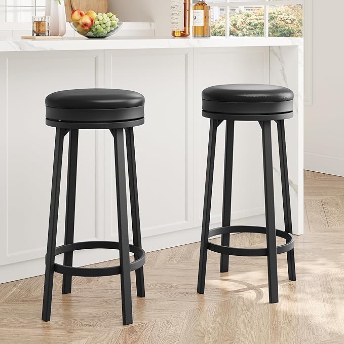 IDEALHOUSE 30'' Swivel Bar Stools Set of 2 with Footrest, Modern Counter Height Barstools with PU Leather Upholstered and Metal Frame, Backless Round Bar Stools for Kitchen Island, Black