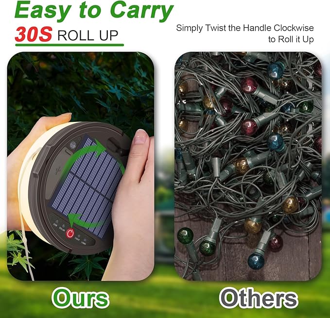 Outdoor waterproof portable stowable string light, 4 in 1 camping string lights outdoor with 8 lighting modes (42ft), solar /USB rechargeable Tent Lights for Camping, Hiking, Yard, RV (Multicolor)
