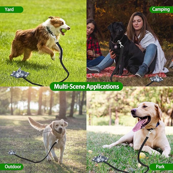 Dog Tie Out Cable and Stake, 360° Swivel Dog Stake with 30FT Nylon Cable and 6 Stainless Steel Screw Anchors, No Tangle Heavy Duty Dog Runner for Large Dogs Up to 150LBS for Yard Park Outdoor Camping