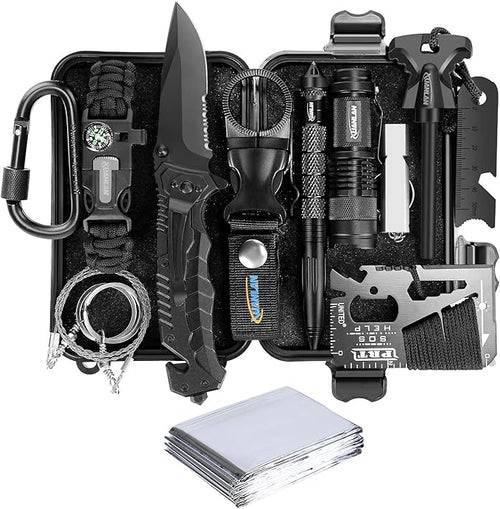 XUANLAN Emergency Survival Kit, Outdoor Survival Gear Tool with Survival Bracelet, Fire Starter, Whistle, Wood Cutter, Water Bottle Clip, Pen
