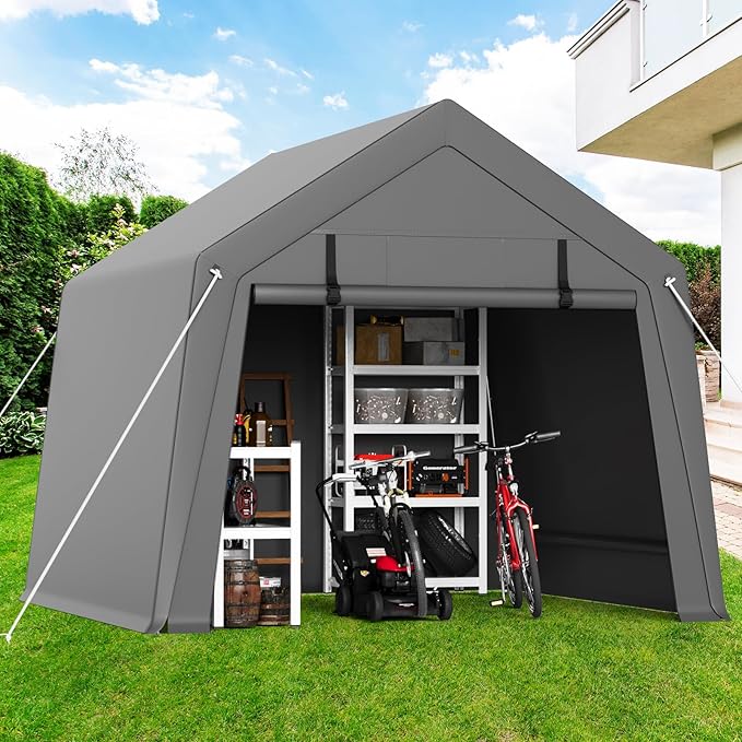 Garvee 10 ft x15 ft Outdoor Portable Storage Shed, Waterproof & UV-Resistant Garage Shelter with 2 Roll-Up Zipper Doors, Anti-Snow Carport Tent for Motorcycle, Bike, and Outdoor Equipment, Gray