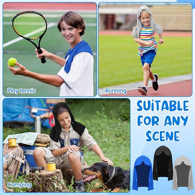 Hosuly 12 Pack Kids Mini Cooling Hoodie Towels Breathable Soft Absorbent Hooded Chilly Towel for Neck and Face Quick Drying UV Sun Protection Cooling Neck Wraps for Sport Workout Camping(Classic)