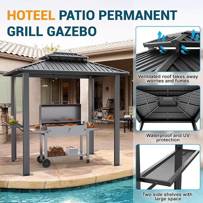 Hoteel 6x8 Hardtop Grill Gazebo, Outdoor Patio BBQ Gazebo with Galvanized Steel Double Roof, Hardtop Barbecue Canopy with 2 Side Shelves for Deck Lawn Backyard Garden,Black