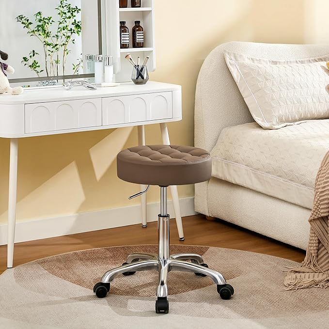 Rolling Stools with Wheels (300lbs Capacity) (Adjustable Height 20"-27") Brown Leather Manicure Guitar Lash Stool (Coffee Brown)