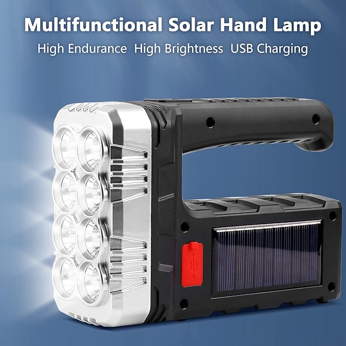 Solar Flashlight with USB Cable,Rechargeable 8 LED Handheld with COB Sidelight,Portable Waterproof Flashlight,High Lumens 3 Modes Searchlight,for Fishing Outdoor Camping Emergencies