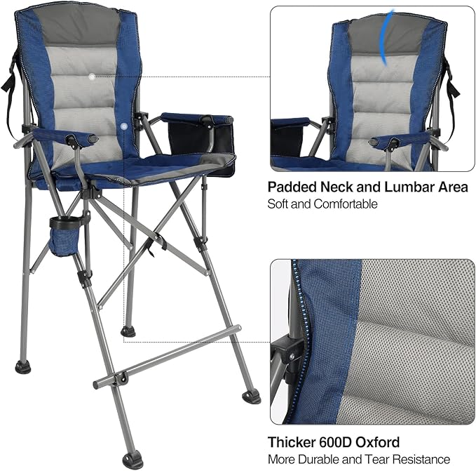 Extra Tall Folding Chairs for Adults 330lbs, Portable Bar Height Foldable Director Chairs for Camping Outside, Comfortable with High Back and Footrest, Blue