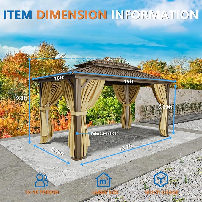 HOTEEL 10x15 Hardtop Gazebo on Clearance with Heavy Duty Galvanized Steel Double Metal roof,Aluminum Frame,Patio Gazebo with Curtains and Netting,Outdoor Permanent Gazebo Pavillon for Backyard,Bronw
