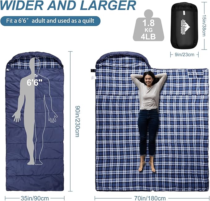 AGEMORE Cotton Flannel Sleeping Bag for Adults, Lightweight XXL Cotton Sleeping Bag for Camping Backpacking or Hiking, Water Resistant 3-4 Season Sleeping bag for Warm & Cool Weather