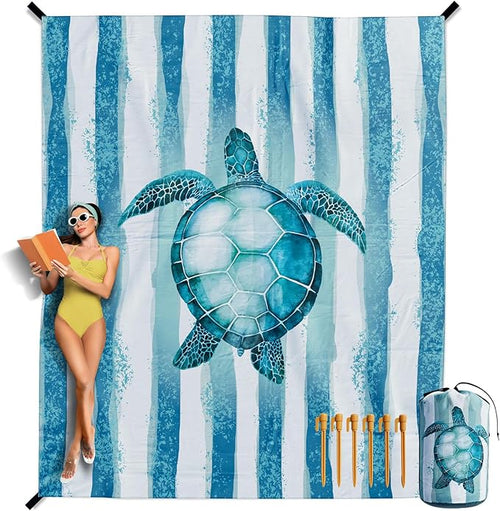 VENTURE 4TH Family-Size Beach Blanket: Sandproof, Waterproof, Lightweight & Compact. Includes Stakes and Carry Bag. 9x10 feet XXL Striped Turtle