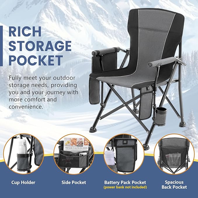 Lamberia Heated Camping Chairs for Adults, Camping Chairs, Portable Heated Chairs for Outdoor, Folding Chairs,Heavy Duty Lawn Chairs for Adults, with Cup Holder,Battery Not Included,Grey