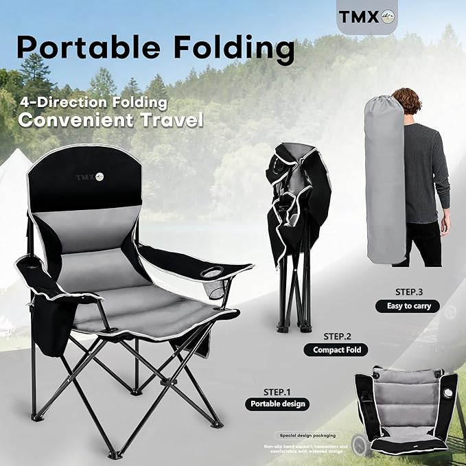 XMT Extra Wide Armrests Portable Folding Chair with Cup Holder Cooler Bag Heavy Duty 600D Oxford Fabric Supports 450lbs Compact Foldable Camping Chair for Outdoor Beach Picnic Sports
