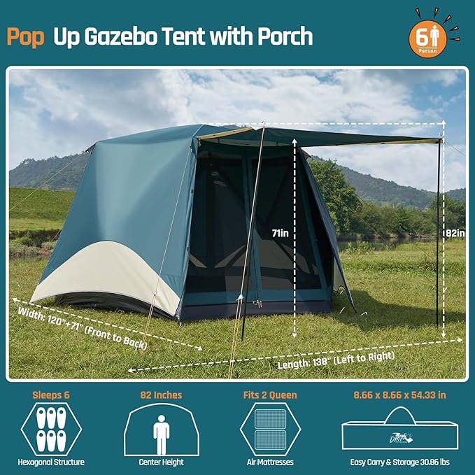 Instant Tents for Camping Pop Up Screen Tent with Floor, 6 Person Large Family Camping Tent with Rainfly and Porch, Easy 60S Setup Hub Tent for Outdoor Picnic Backyard, 11.5x10x6.83FT