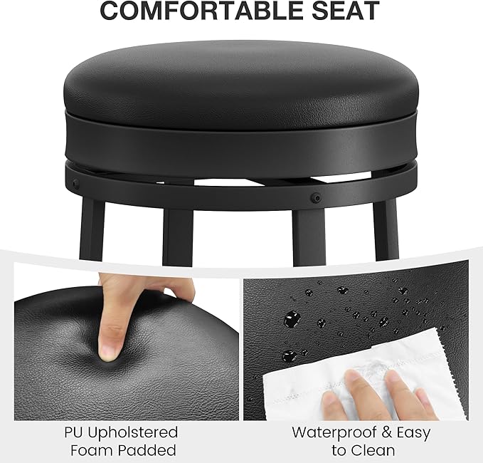 IDEALHOUSE 24'' Swivel Bar Stools Set of 2 with Footrest, Modern Counter Height Barstools with PU Leather Upholstered and Metal Frame, Backless Round Bar Stools for Kitchen Island, Black