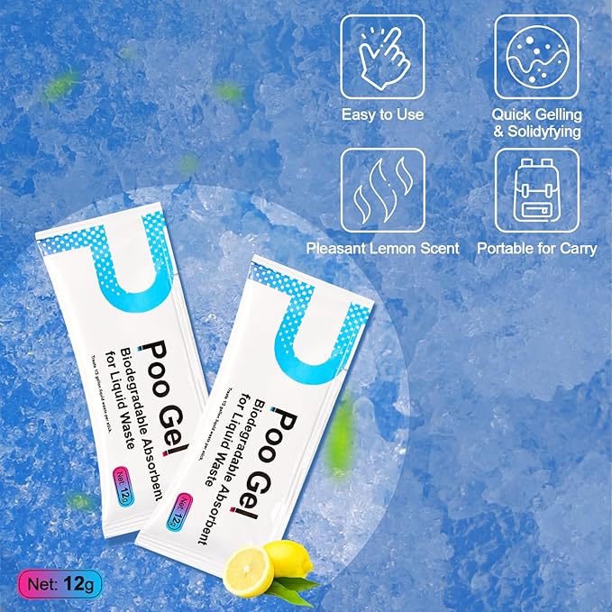 20 Packets 12g Poo Gel for Portable Toilet, Camping Toilet Gel Powder for Potty Bags, Super Eco Absorbent Gel, Portable Toilet Gel Packets for Outdoor Recreation Camping Essentials (20 Packets)