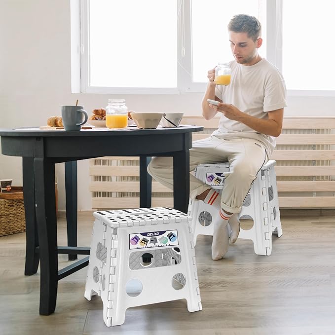 Delxo 13" Folding Step Stool for Kids and Adults, Non-Slip Foldable Step Stools with Handle,Plastic Portable Folding Stool for Bathroom,Bedroom,Kitchen,Hold up to 300lbs White