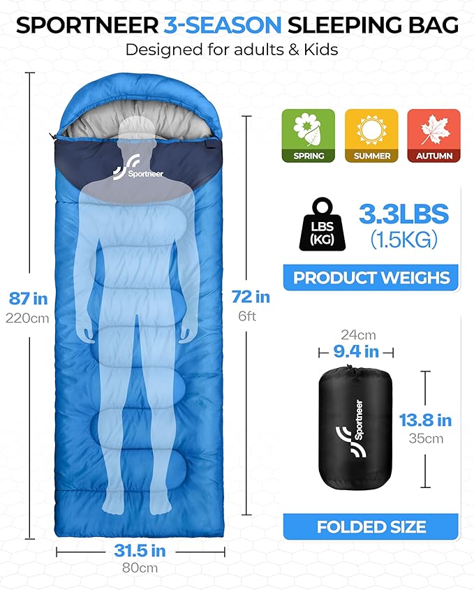 Sportneer Sleeping Bags for Adults, Warm & Cold Weather Sleeping Bag for Adults Kids Boys Girls - Lightweight Compact Camping Gear Equipment, Traveling, Backpacking, Hiking