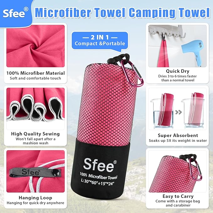 Sfee 2 Pack Microfiber Travel Towel, Quick Dry Towel Camping Towel Super Absorbent Compact Lightweight Sports Towel Swim Towel Gym Towel Beach Towel Set for Gym, Hiking, Pool, Backpacking, Bath, Yoga