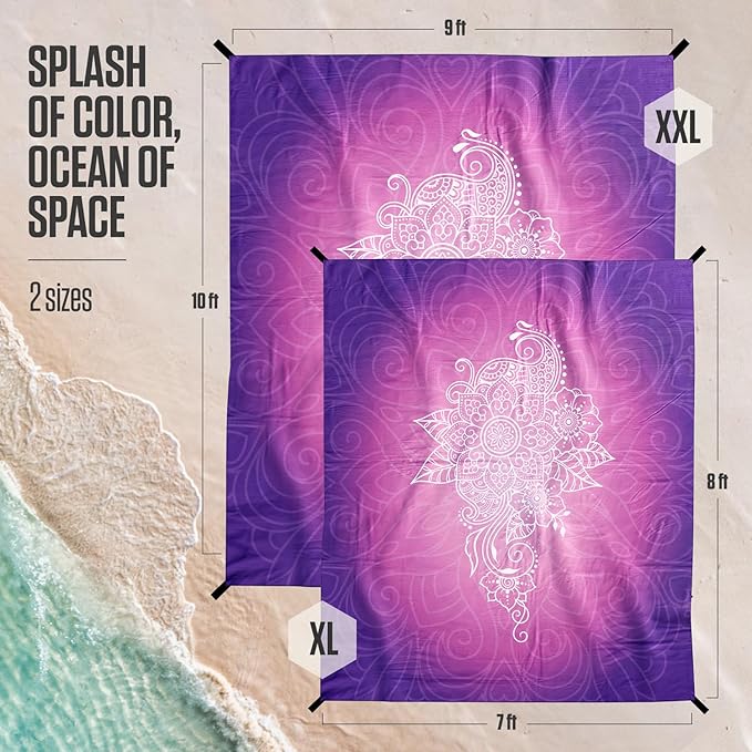 VENTURE 4TH Family-Size Beach Blanket: Sandproof, Waterproof, Lightweight & Compact. Includes Stakes and Carry Bag. 9x10 feet XXL Purple Mandala
