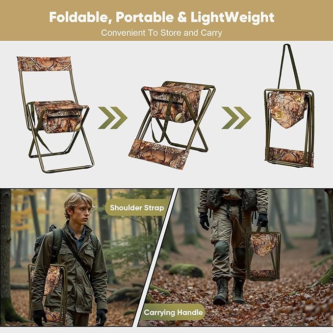 Folding Camping Chair,Portable High-Back Hunting Chair, Lightweight Hunting Stool w/Storage Bag,Shoulder Strap,for Camping,Hiking,Beach,Picnic,Support Up to 250 lbs,Camouflage