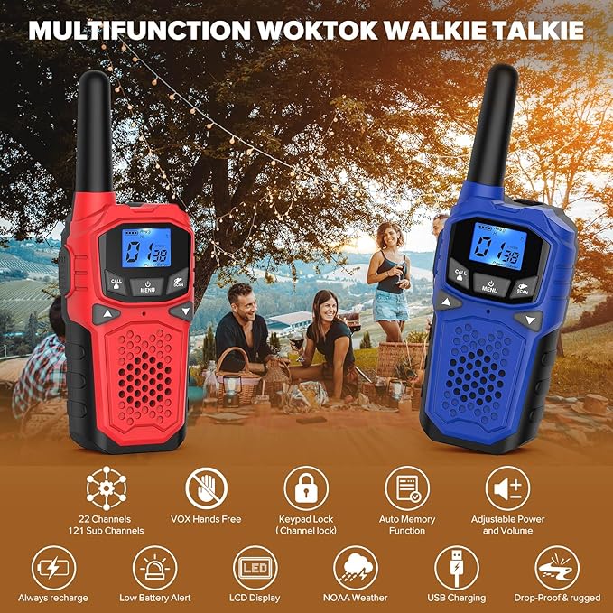 Walkie Talkies for Adults- WokTok Long Range 2 Way Radio for Camping Hiking Hand Held Hiking Accessories Camping Gear Xmas Birthday Gift for Kids,SOS Siren,NOAA Weather Alert,4 Radios