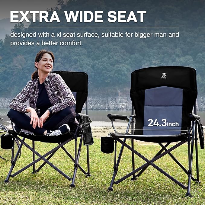 EVER ADVANCED Oversized Folding Camping Chair for Adults, Heavy Duty Lawn Chair with Side Pockets, Portable Collapsible Quad Chair for Outside, Support Up to 500lbs, Black 2PACK