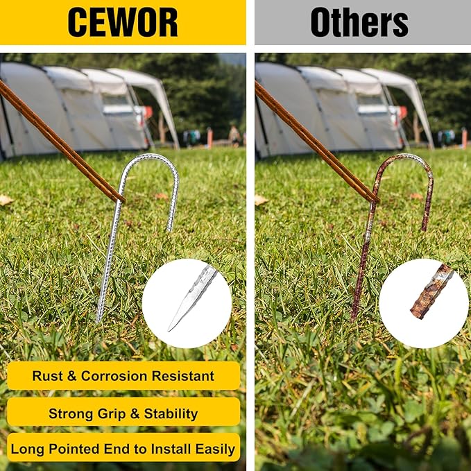 CEWOR 12 Pack 12 Inch Rebar Stakes, J Hook Heavy Duty Tent Stakes Metal Ground Stakes Galvanized Ground Anchors for Chain Link Fence, Trampoline, Camping, Canopy, Outdoor Decorations