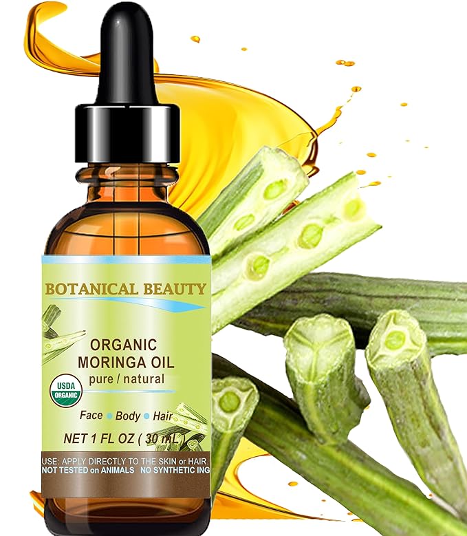 Botanical Beauty Organic Moringa Oil 100% Pure Natural Undiluted 1 Fl.oz.- 30 ml. for Face Skin, Hair, Lips, Body, Nails Rich in Vitamin C, Vitamin E