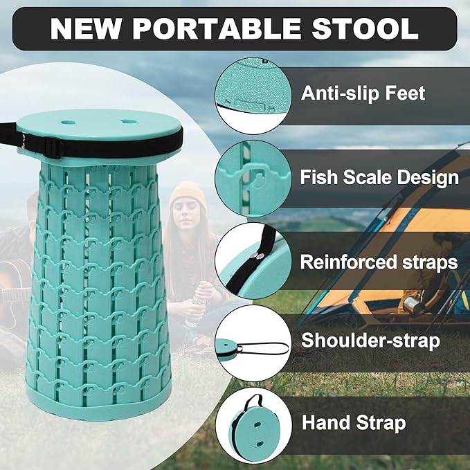 ALEVMOOM Upgraded Collapsible Stool with Cushion,600LBS Max Weight,18.1" Height Adjustable,Sturdy Portable Telescoping Stool,Folding Camping Stool for Outdoor Hiking Travel