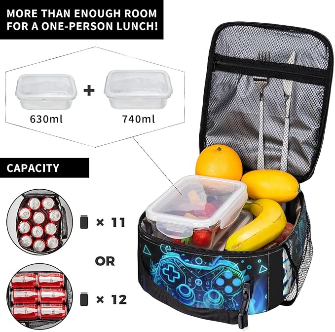 Blue Video Games Joystick Gamer Lunch Bag For Boys Kids Fun Reusable Lunch Box Insulated Meal Bags Portable Lunch Tote For Girls School Men Work Travel