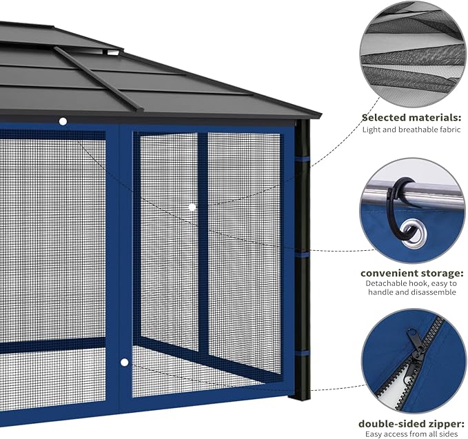 Gazebo Replacement Mosquito Netting Outdoor Universal Gazebo Canopy 4-Panels Screen Sidewalls with Zipper for Patio Garden (Navy Blue, 10x12)