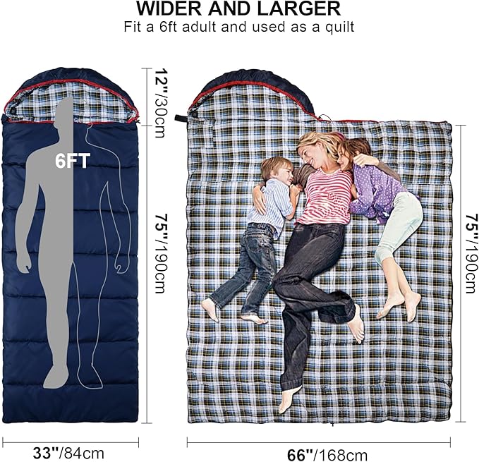 REDCAMP Flannel Sleeping Bag for Adults, Comfortable Cotton Sleeping Bags for Camping with Detachable Hood, Red/Grey/Blue
