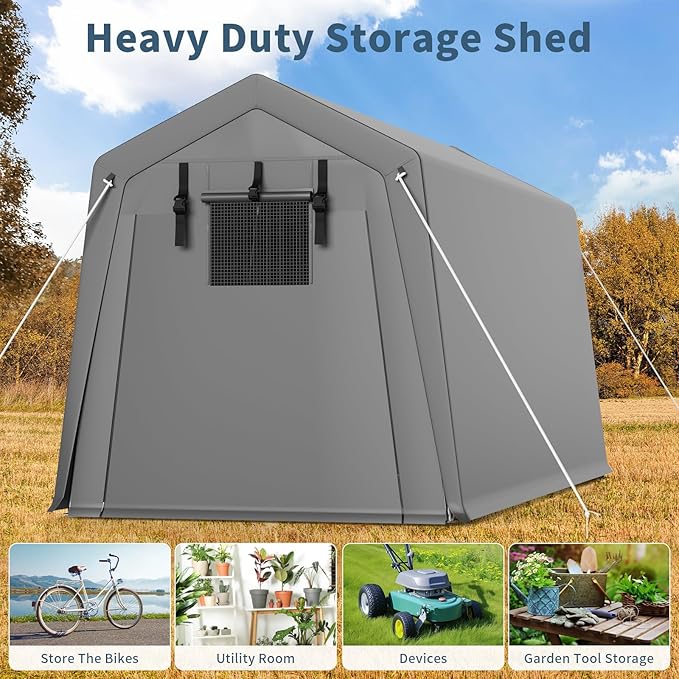 GAOMON 7'x10' Outdoor Portable Garage, Waterproof & UV-Resistant Storage Shed with 2 Roll-Up Doors, Carport Tent for Motorcycle, Bike, and Tools, Gray
