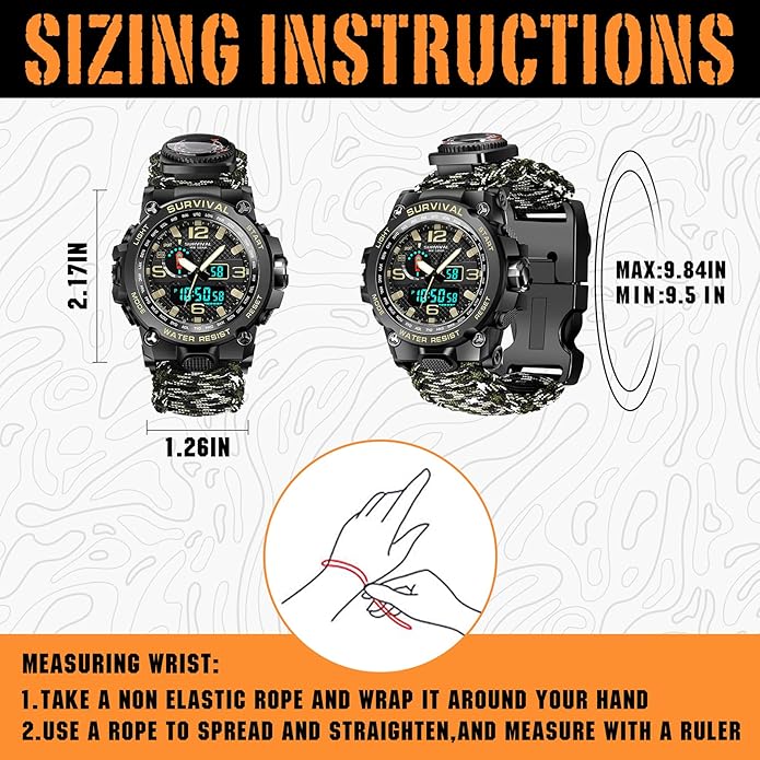 23-in-1 Military Tactical Watch for Men, Multifunctional Outdoors Waterproof Survival Watches with Compass Whistle Fire Starter and Thermometer, Paracord Watch Bracelets with Outdoor Army Gear…