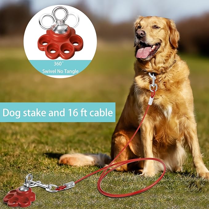 360° Swivel Dog Tie Out Cable and Stake Stainless Steel Heavy Dog Stake 1200 Lbs of Pull Force, Rust Proof No Tangle Holds for Yard Outdoor Camping, Contains Screws (Red)