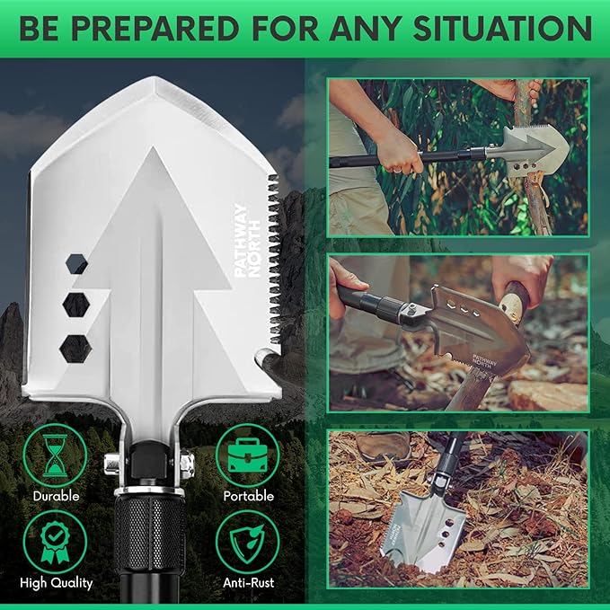 Survival Shovel Stainless Steel Folding Multi-Tool Survival Flashlight – Equipment for Outdoor With Self Defense Hiking Stick Hunting Emergency Survival Kit For Backpacking, Camping Gear