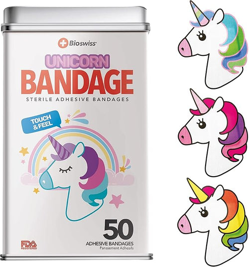BioSwiss Bandages, Unicorn Shaped Self Adhesive Bandage, Latex Free Sterile Wound Care, Fun First Aid Kit Supplies for Kids, 50 Count