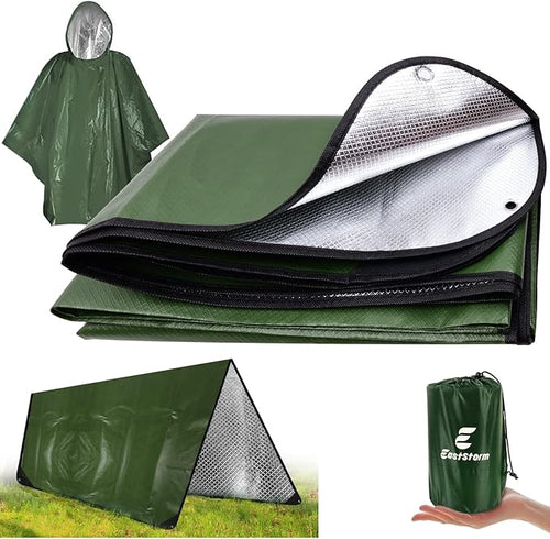Thermal Tarp Survival Shelter Insulated Blanket Reflective 4×7 Ft, All-Weather Space Blankets Emergency Foil Mylar Thermal Blanket for Outdoor Car, Camping, Hiking and Shelter - Green