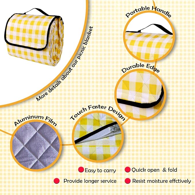 Picnic Outdoor Blankets, Extra Large 79x79in Beach Blanket, Thick 3-Layers Camping Waterproof Mat for Camp Hiking Park, Portable Foldable Rug for Family-Yellow, Sandproof & Machine Washable