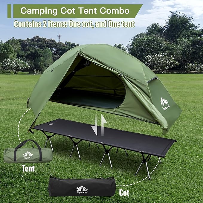 Night Cat Camping Cot Tent for 1 Person Off Ground Elevated Tent Cot Foldable Camping Sleeping Bed with Rainfly Waterproof Green